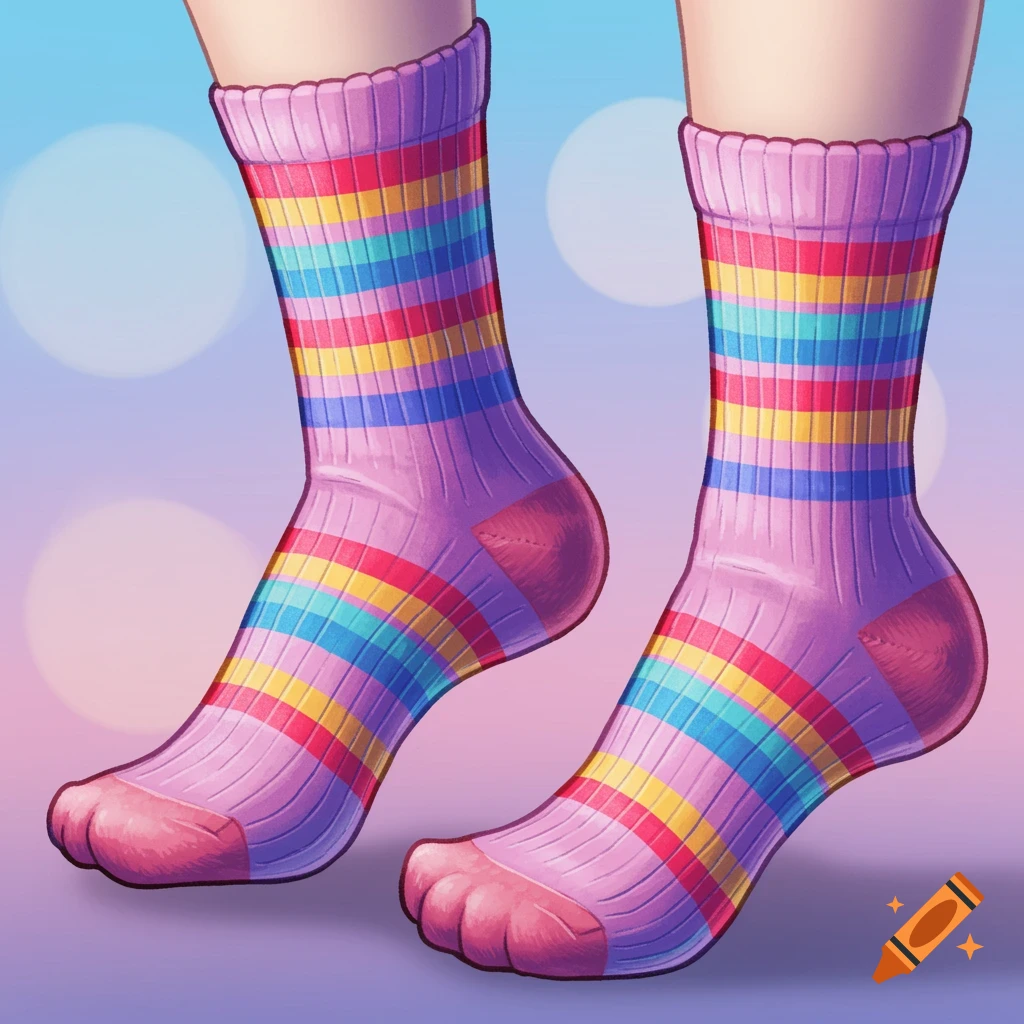 Feet wearing pink socks with colorful rainbow stripes.
