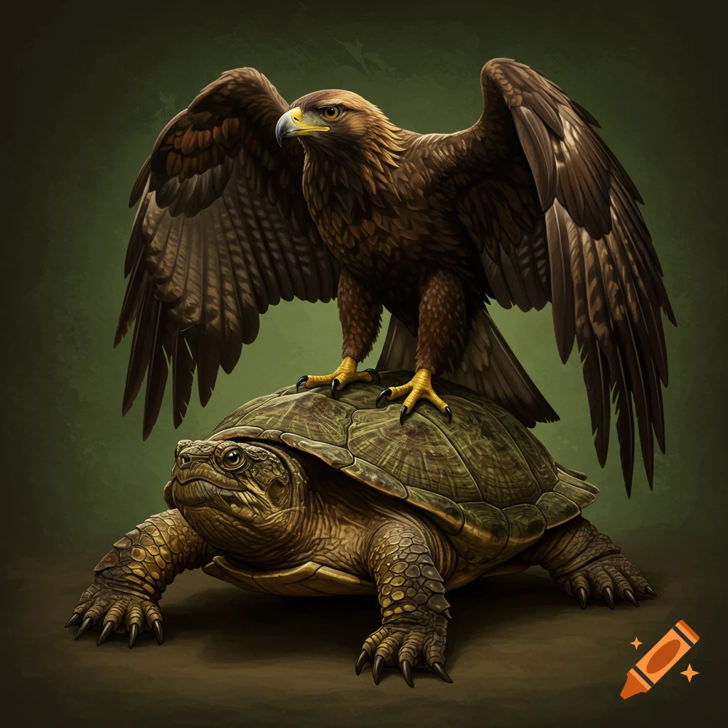 A brown eagle standing on the back of a large turtle.
