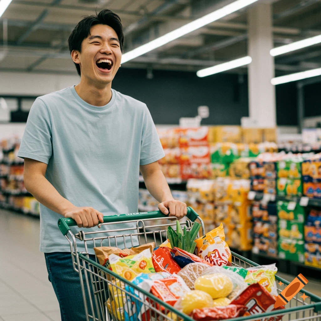 A man laughing while pushing a full shopping cart down an aisle in a supermarket.