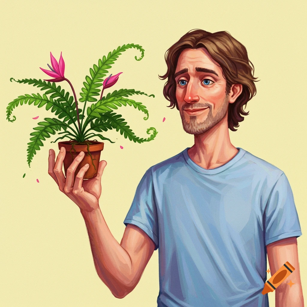A man holds a small potted plant.