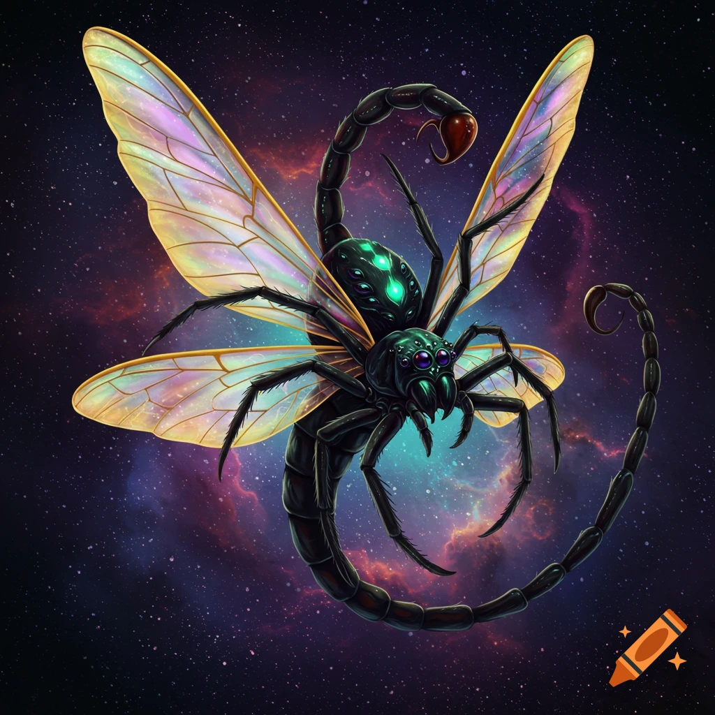 A creature with a spider body, iridescent wings, and a scorpion tail floating in a starry space background.