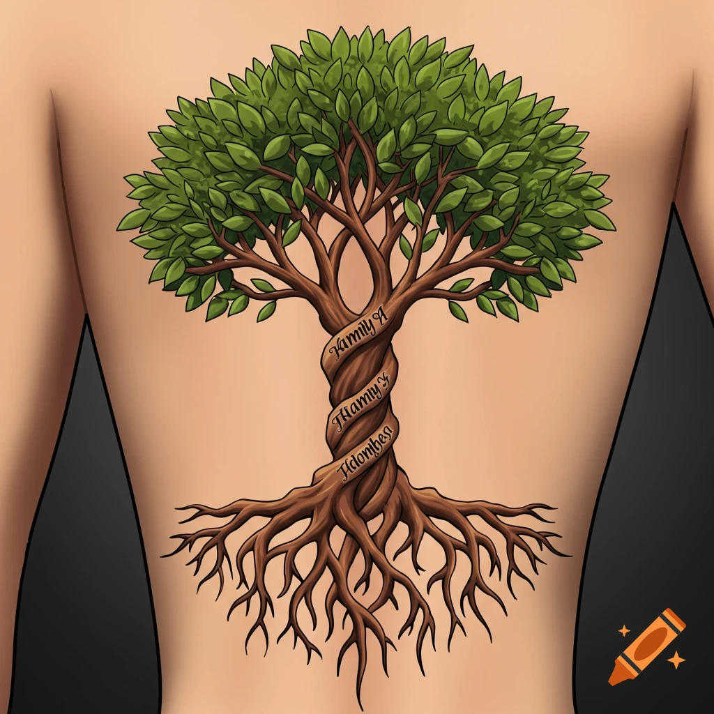 A family tree tattoo on a person's back