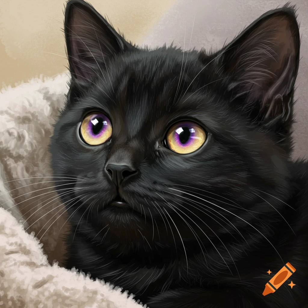 A black kitten with gold and purple eyes.