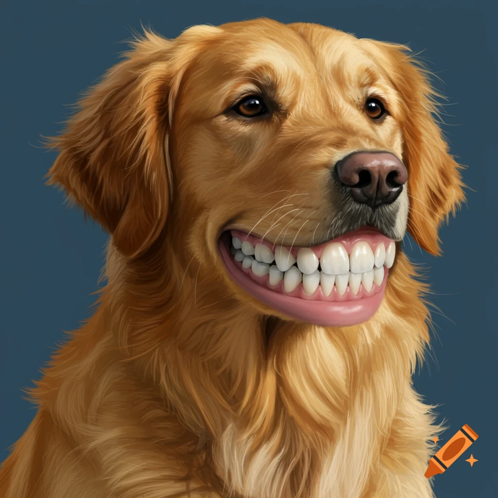 A Golden Retriever dog with large human teeth is smiling.