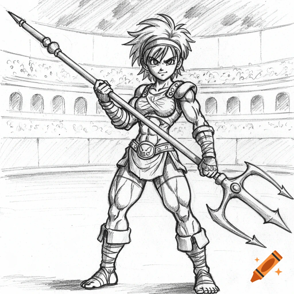 A black and white pencil sketch in Dragon Quest style shows a short-haired gladiatrix holding a trident in an arena.