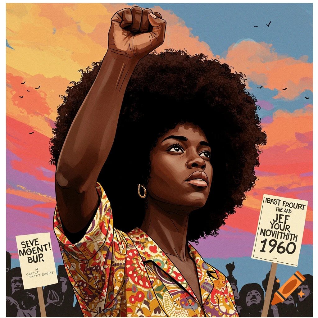 1960s Black woman with afro raising her fist at a protest.