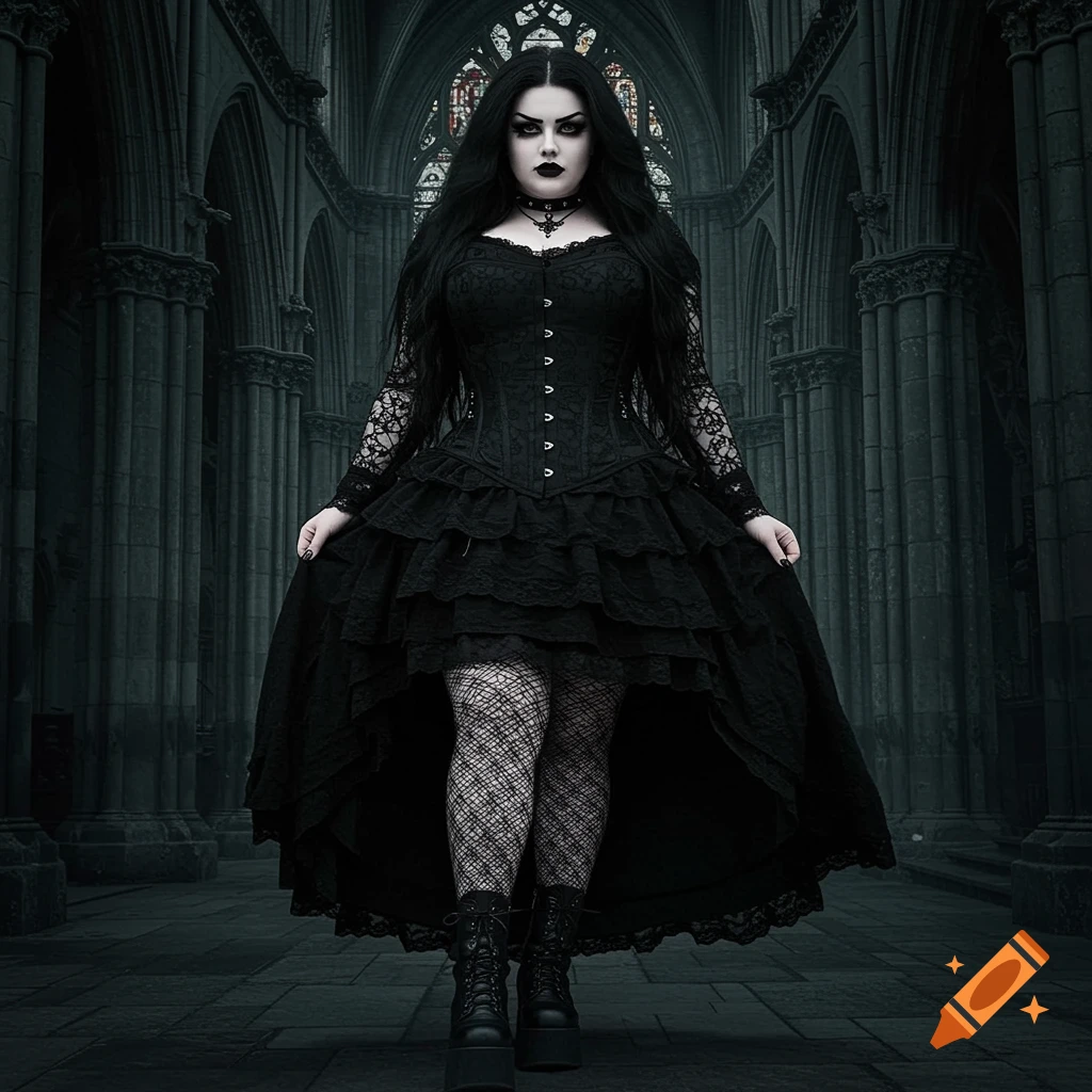 A woman in a black gothic dress and fishnet stockings stands in a cathedral.