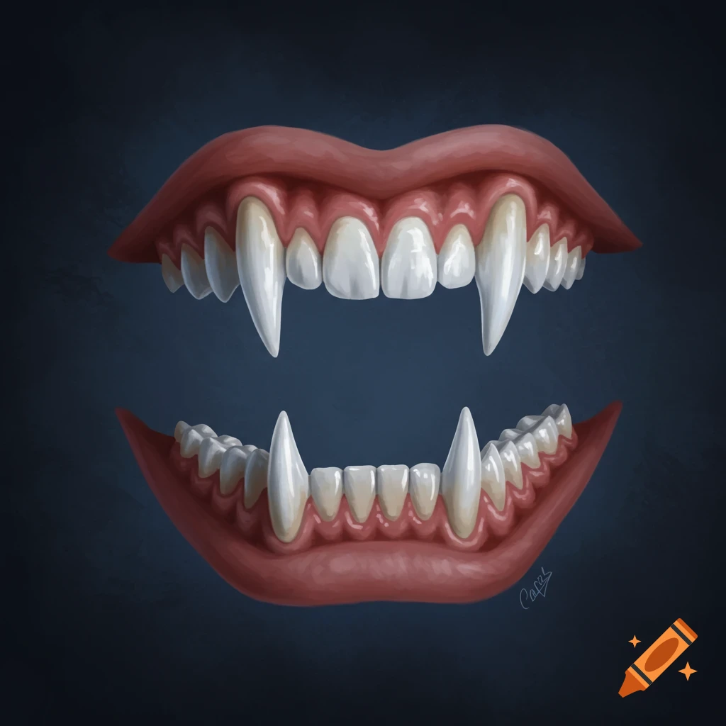 An open mouth with prominent vampire fangs against a dark background.