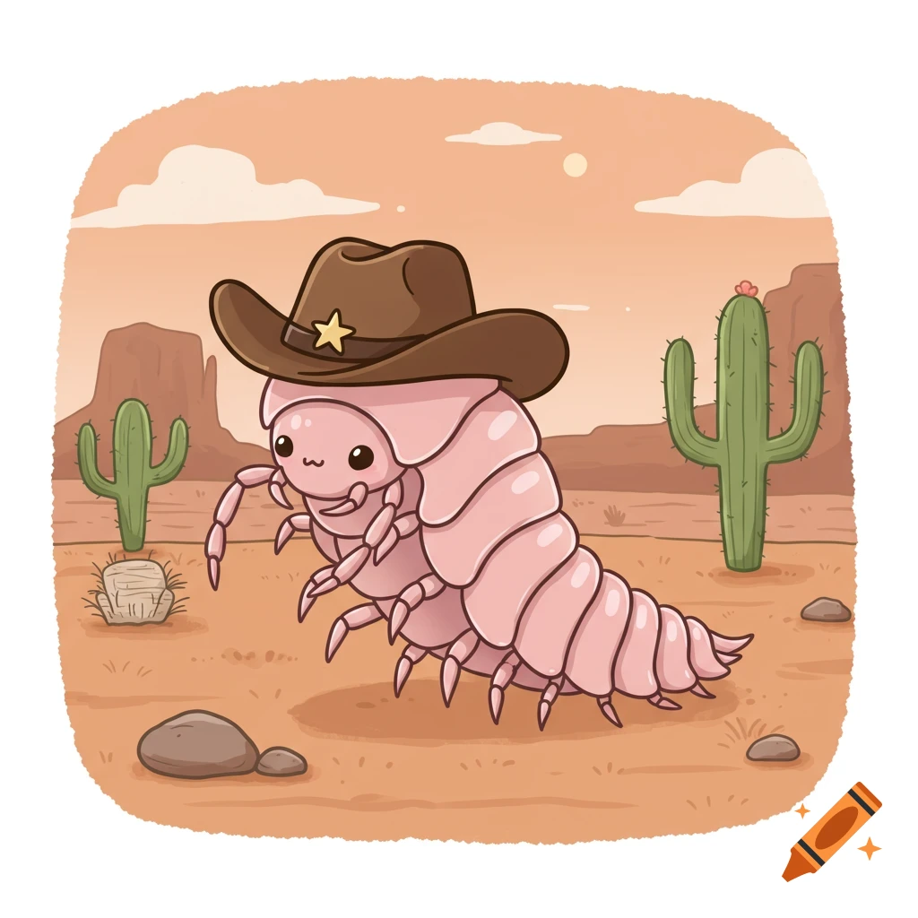 A cute cartoon isopod wearing a cowboy hat stands in a desert landscape with cacti.