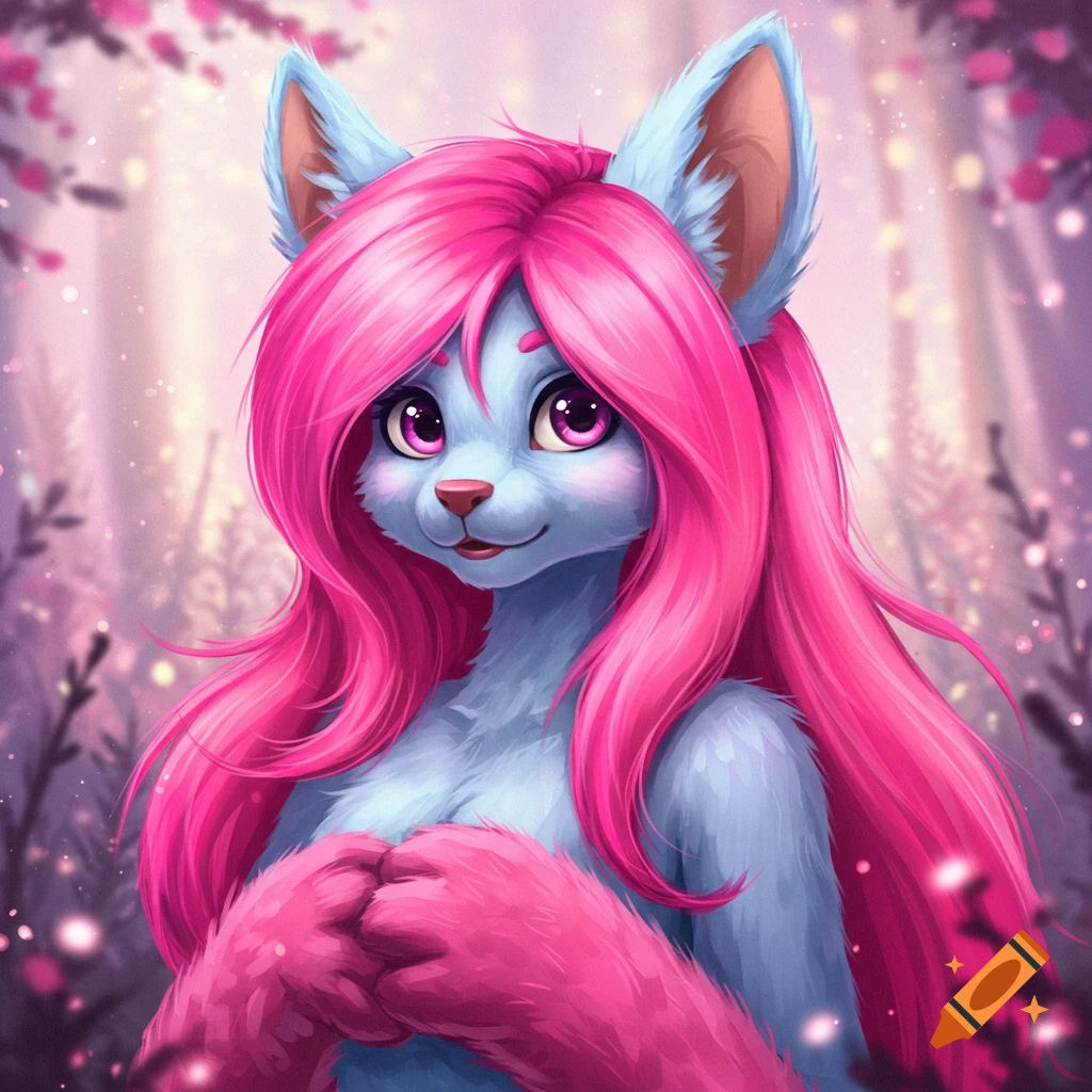 A blue furry character with long pink hair in a magical forest.