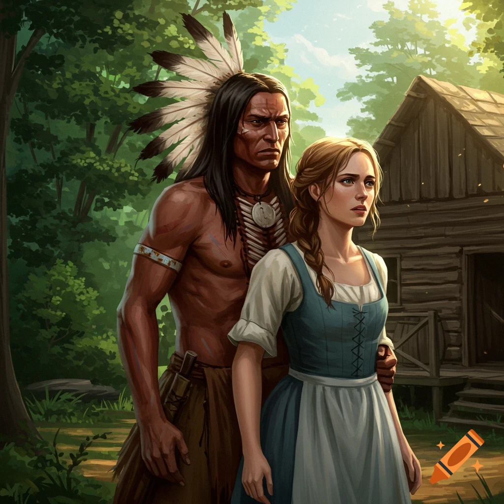 A Native American man and a French woman stand in a forest clearing with a cabin.