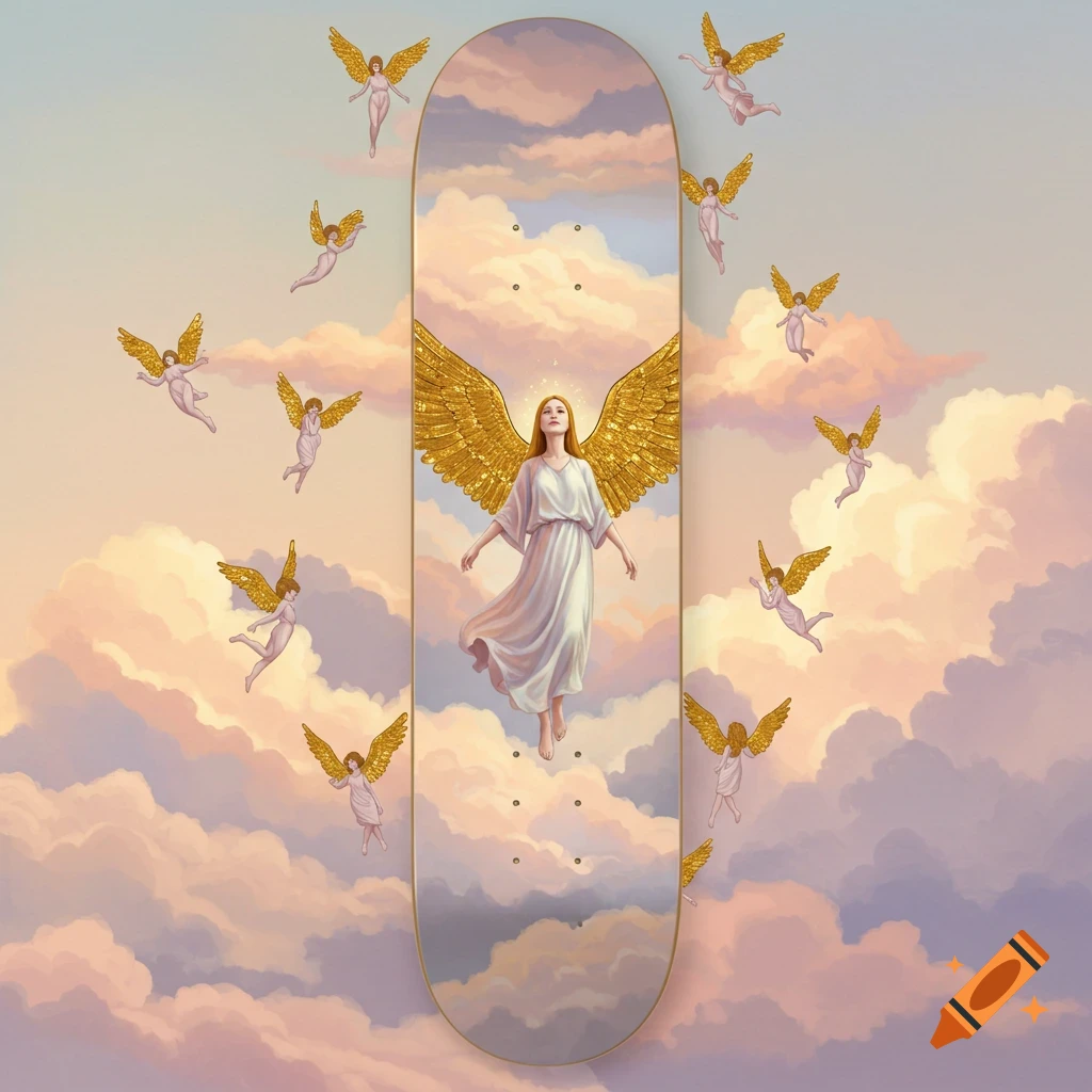 A skateboard deck with a large angel and smaller angels flying among pastel clouds.