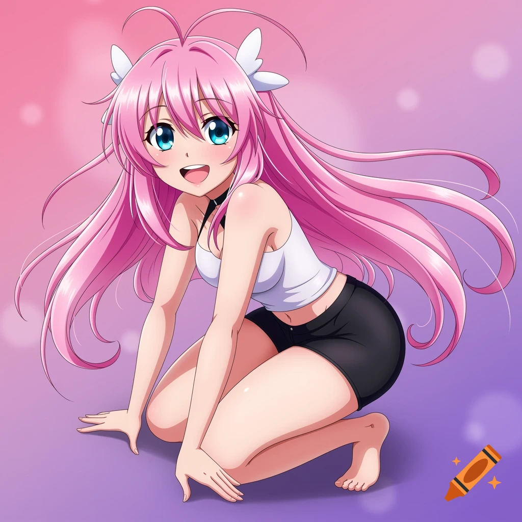 Anime girl with pink hair and blue eyes crouching in black shorts and white tank top, anime style.