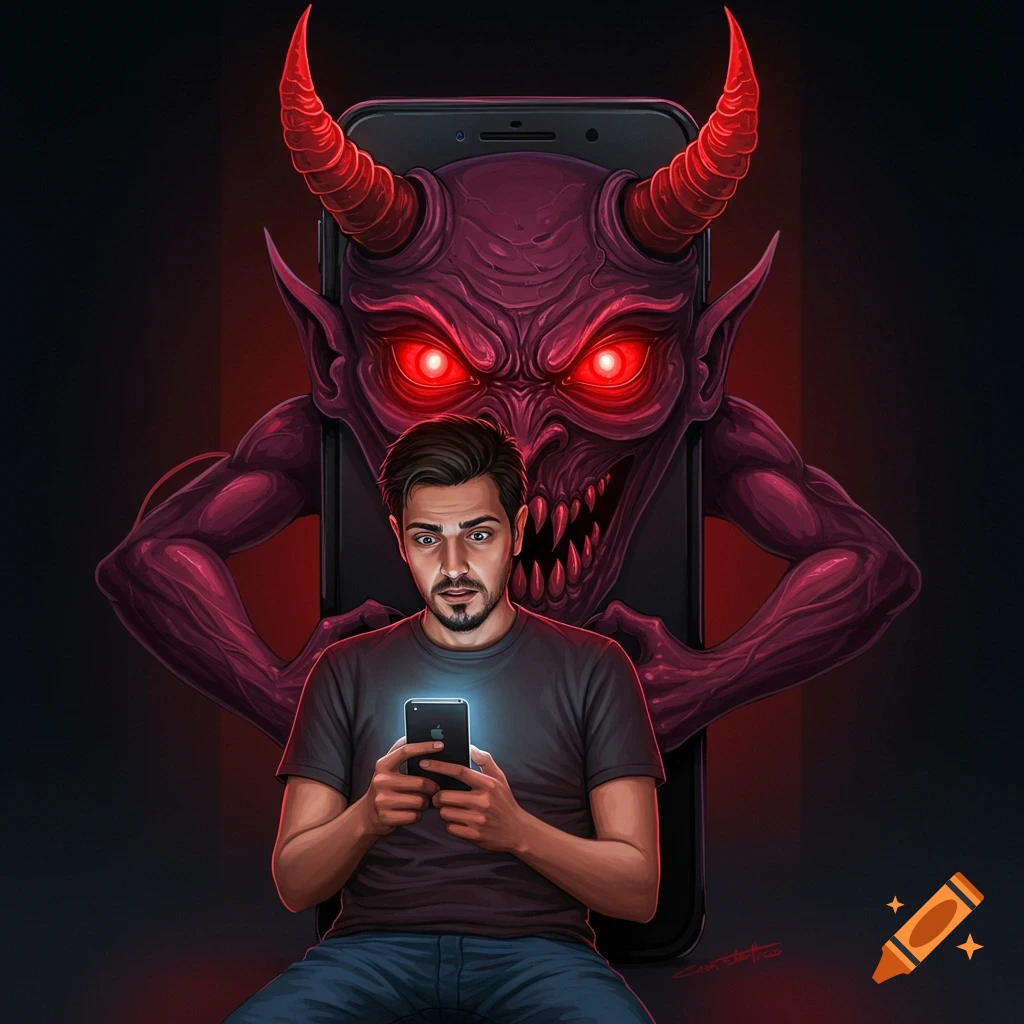 Painting of a man looking at his phone, with a red devil figure emerging from behind the screen.
