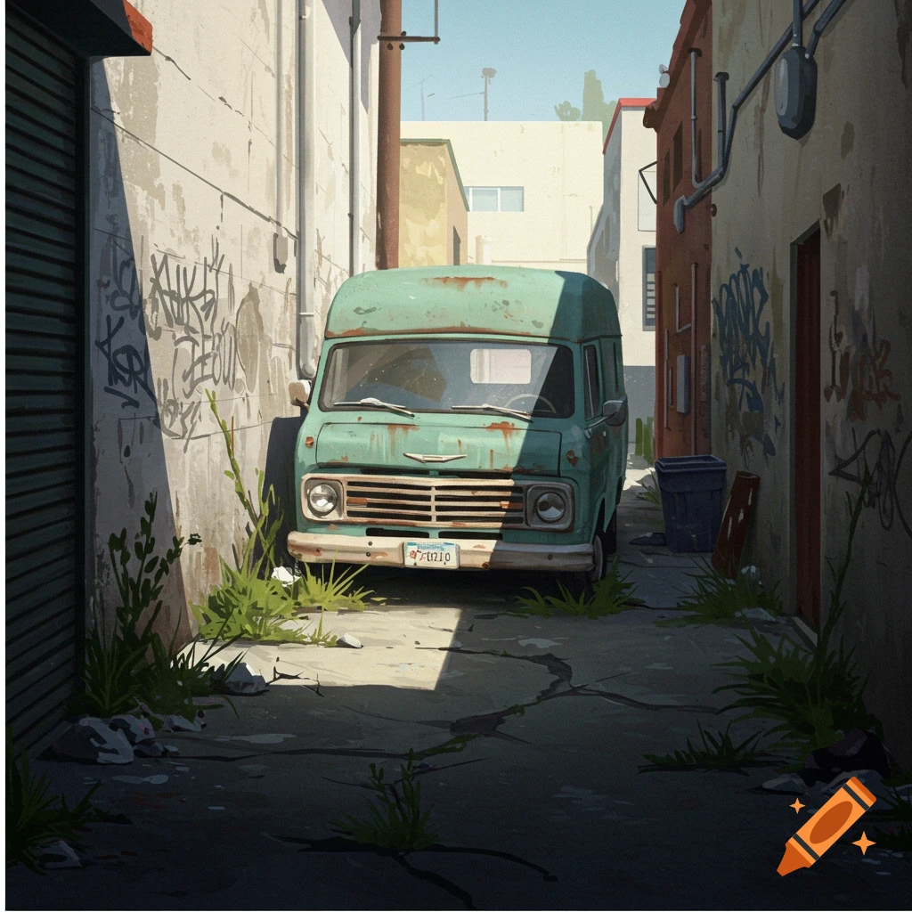 Rusty green panel van parked in a sunlit Los Angeles back alley covered in graffiti.