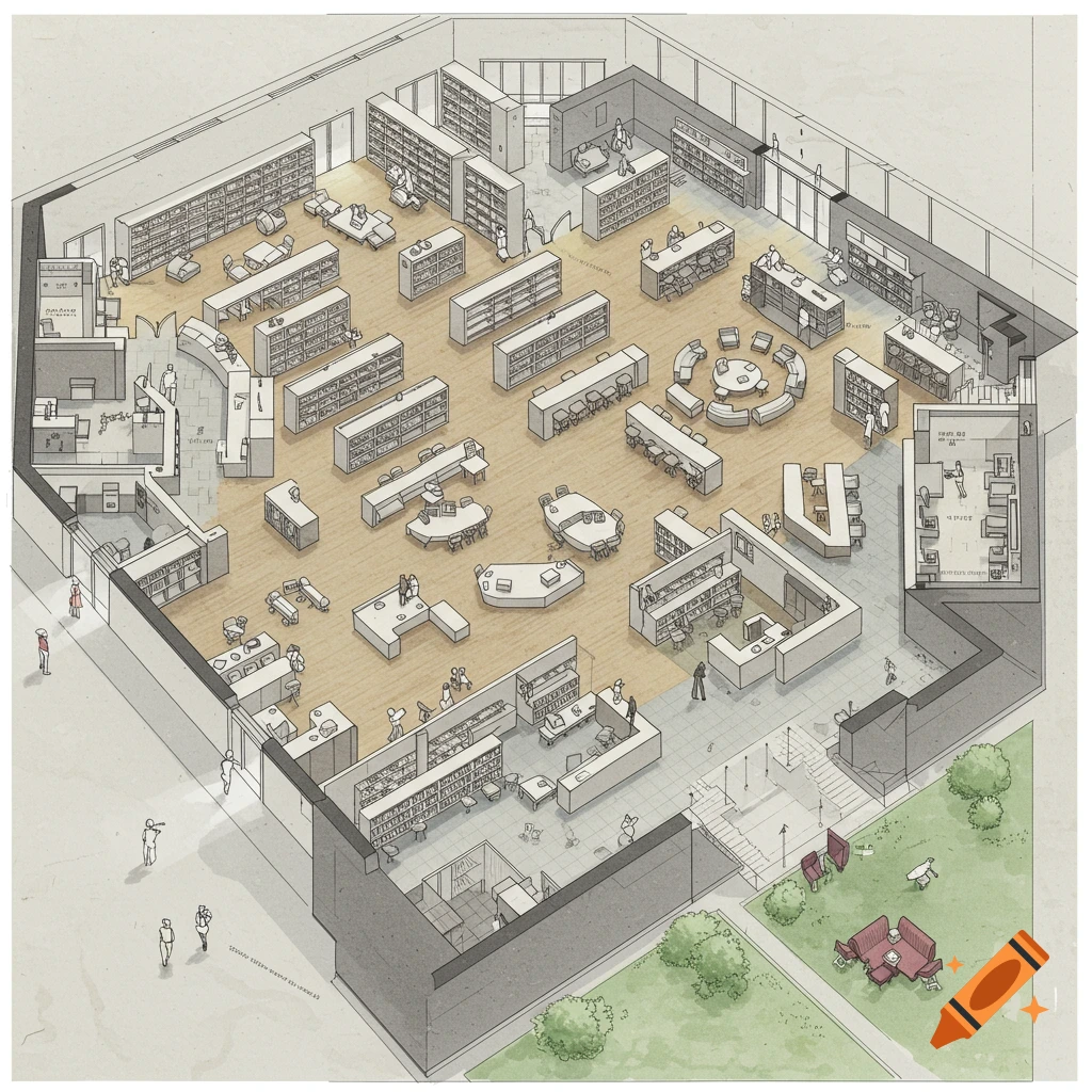 An isometric architectural drawing illustrating the floorplan of a library with bookshelves, seating areas, and small figures.