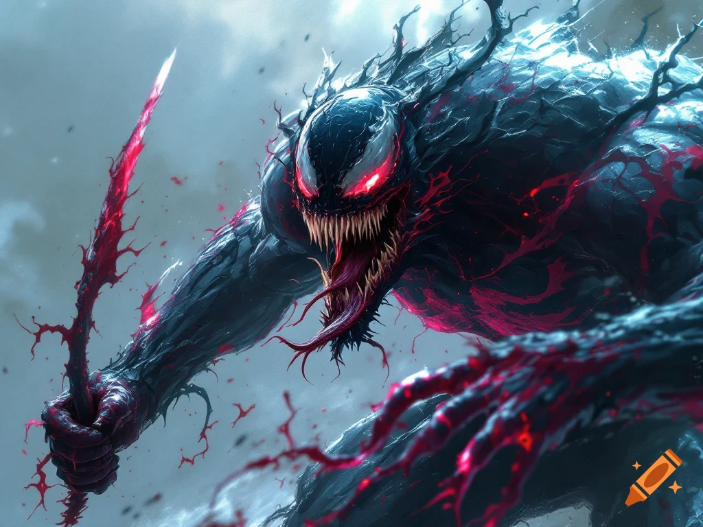 A monstrous black and red creature with sharp teeth and claws, holding a red blade.