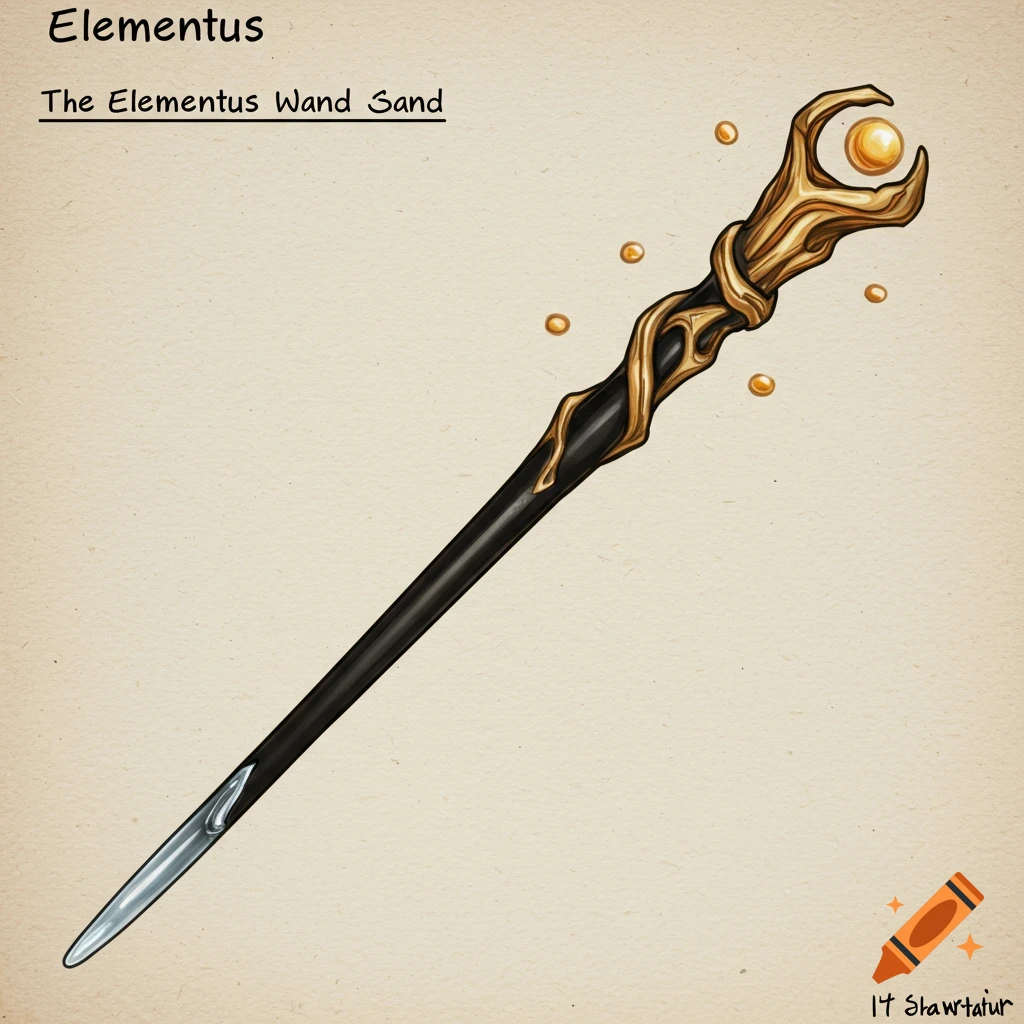 An illustration of a black and gold magical wand with a glowing orb at the top and floating golden orbs around it. Text at the top reads "Elementus The Elementus Wand Sand."