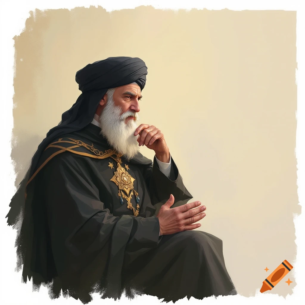 An elderly man with a white beard and black turban is wearing traditional robes.