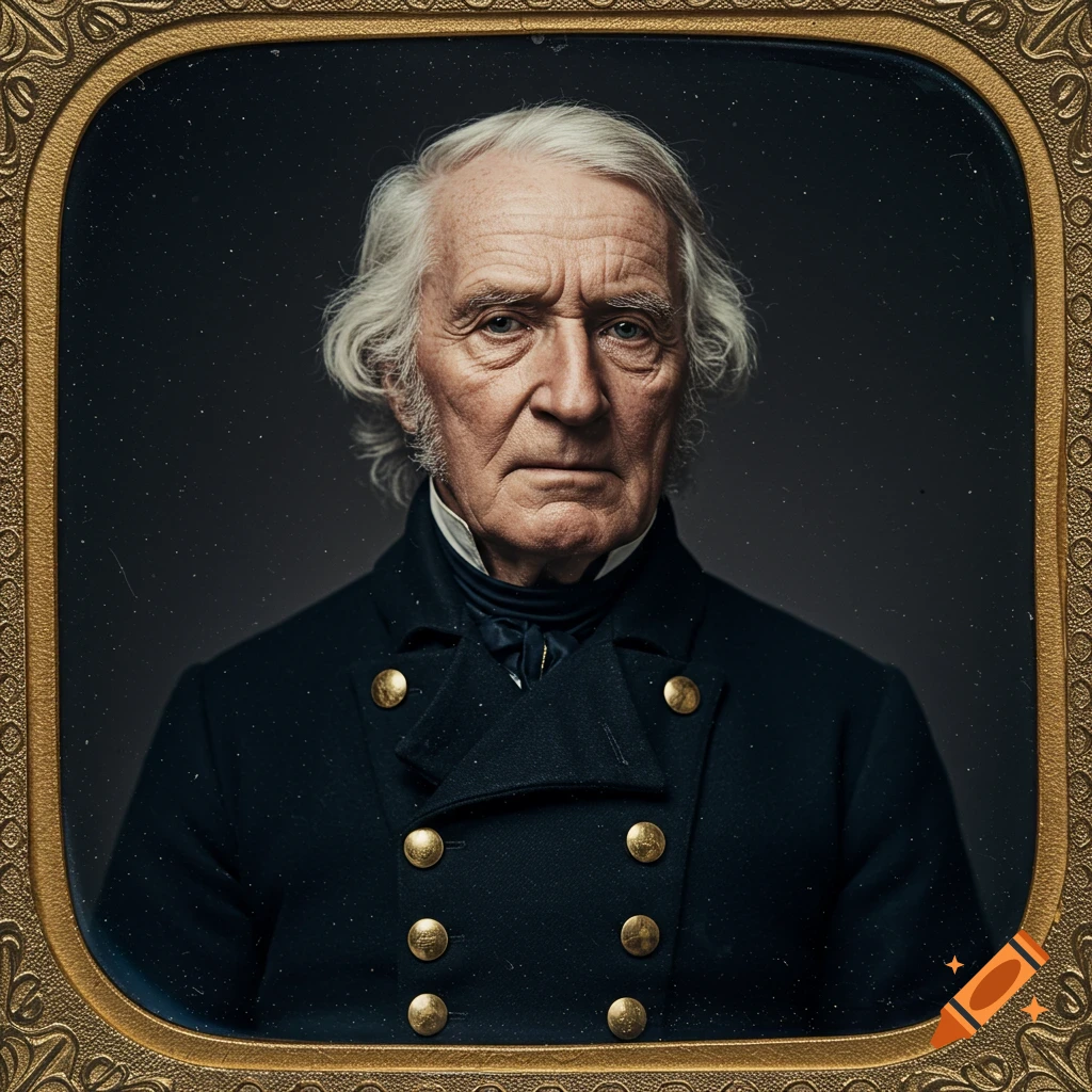 Daugerotype photo of elderly Dr. Stephen Maturin in naval surgeon uniform