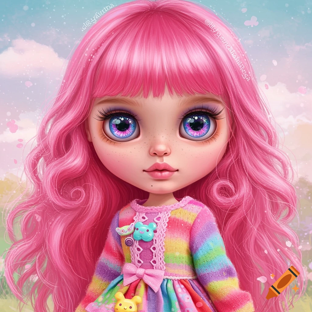 A whimsical doll with pink hair, large eyes, and a rainbow dress in a pastel landscape.