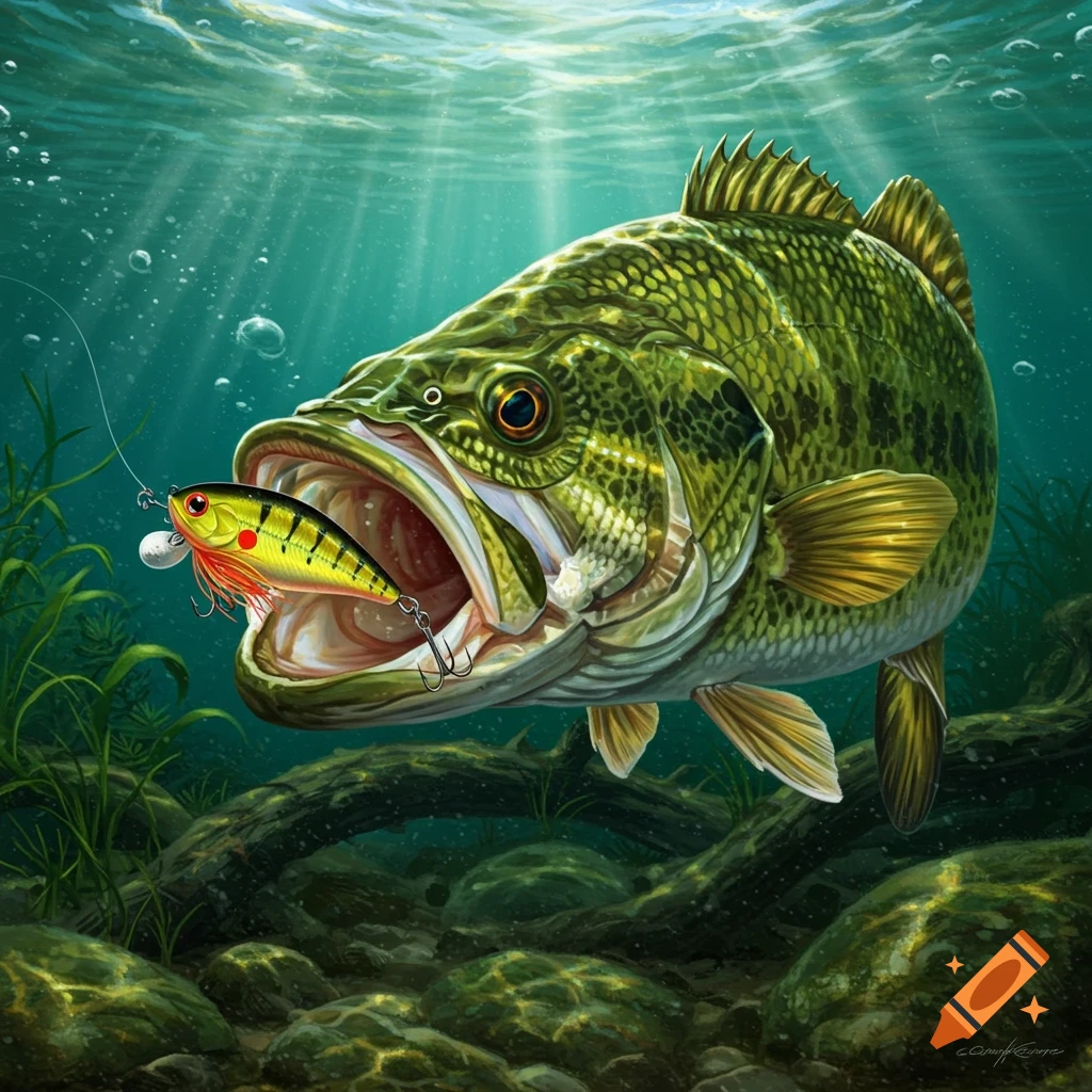 A largemouth bass underwater about to eat a yellow and red fishing lure.