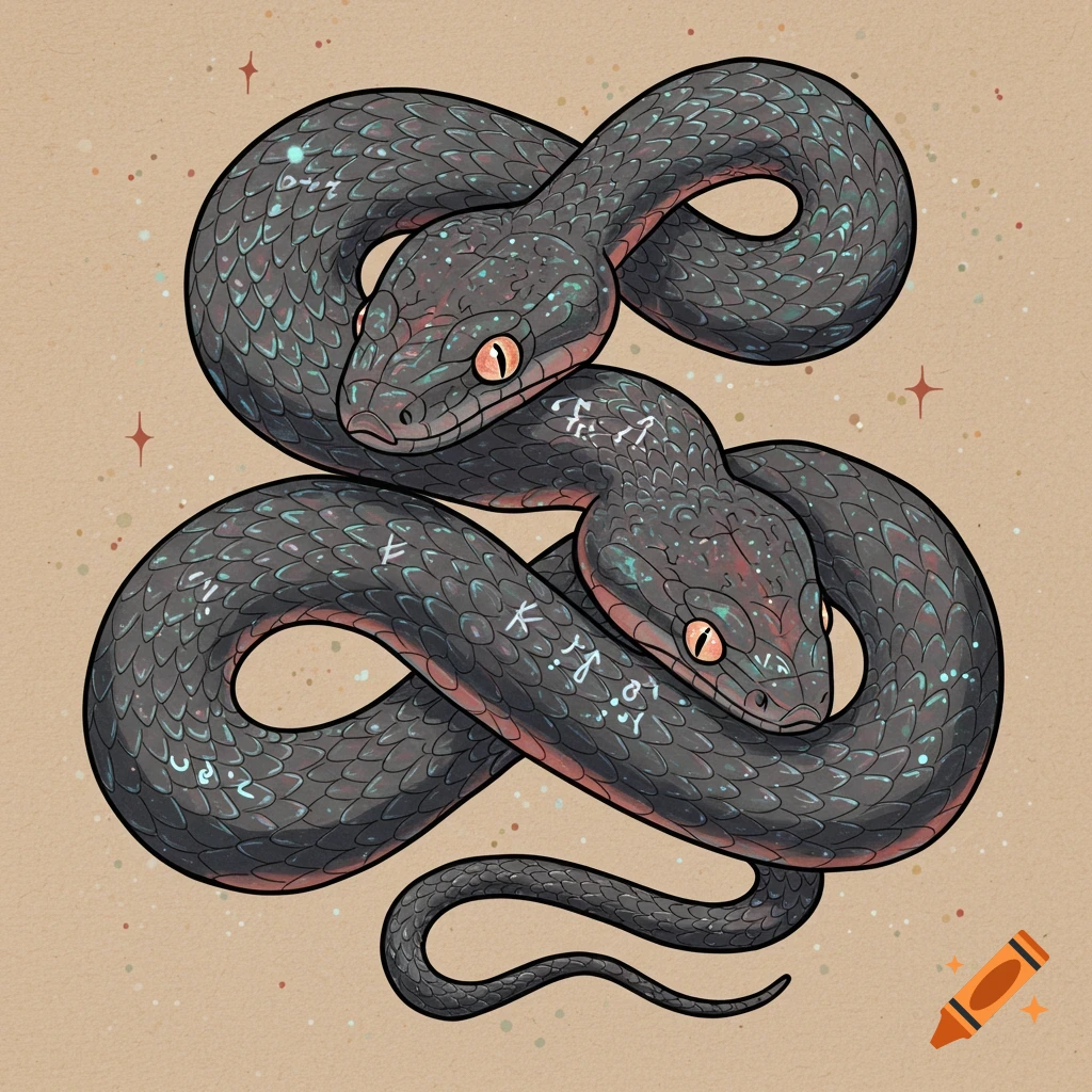 Two intertwined black snakes with iridescent scales and white symbols, illustration style.