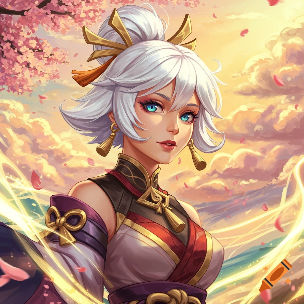 Anime-style depiction of a white-haired woman in an ornate outfit with cherry blossoms and a sunset.