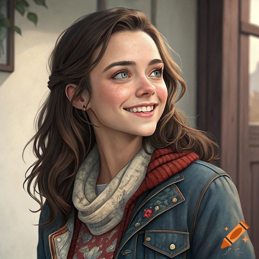 Realistic illustration of a smiling young woman with brown hair, blue eyes, wearing a denim jacket and scarf.