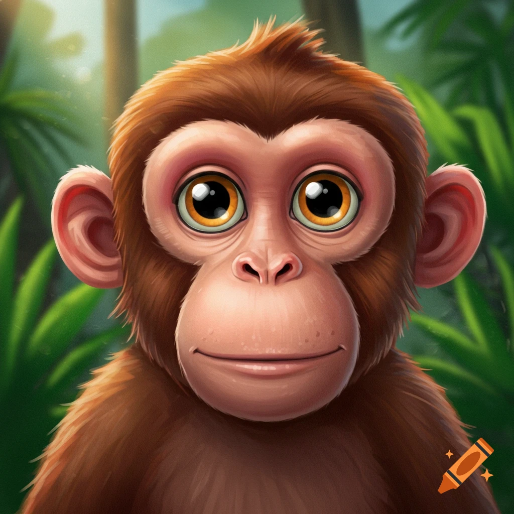 A cartoon monkey with big eyes in a jungle.