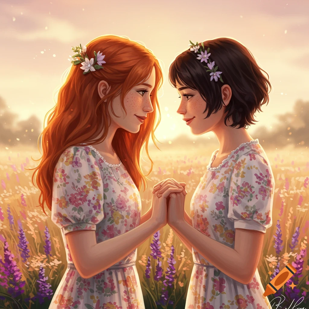Two young women in floral dresses holding hands in a field of flowers.
