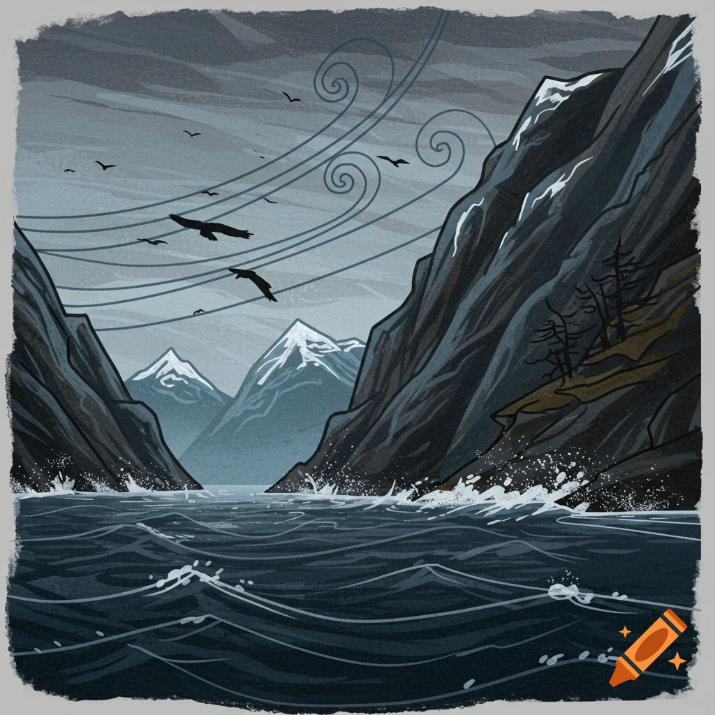 A stormy scene of a fjord with mountains, dark water, eagles flying, and swirling wind.