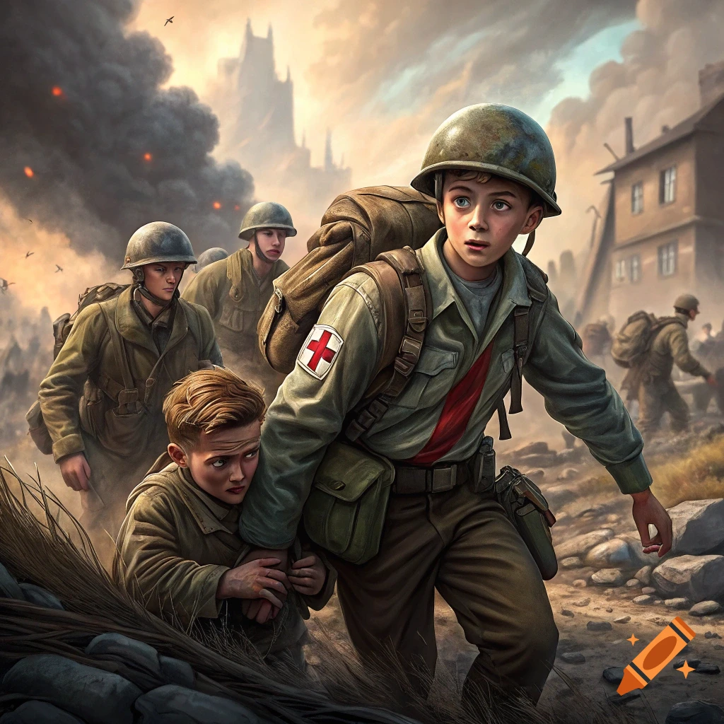 A young soldier with a medical symbol helps a child through a smoky wartime scene with other soldiers.
