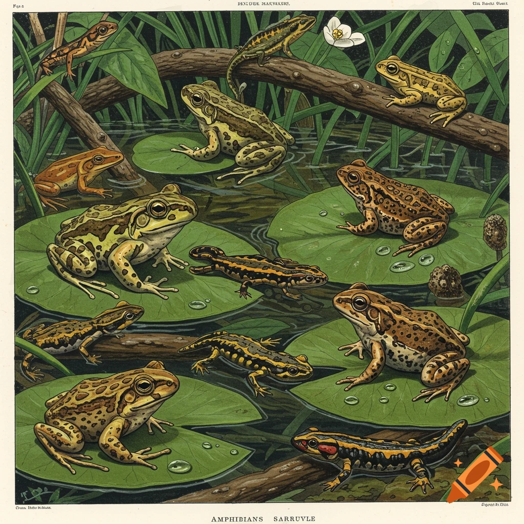 Vintage illustration of various frogs and salamanders on lily pads and branches in a pond.