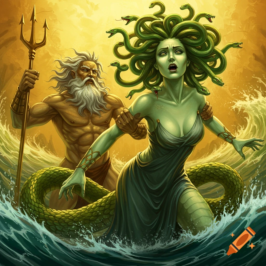 Medusa escaping Poseidon in stormy seas
