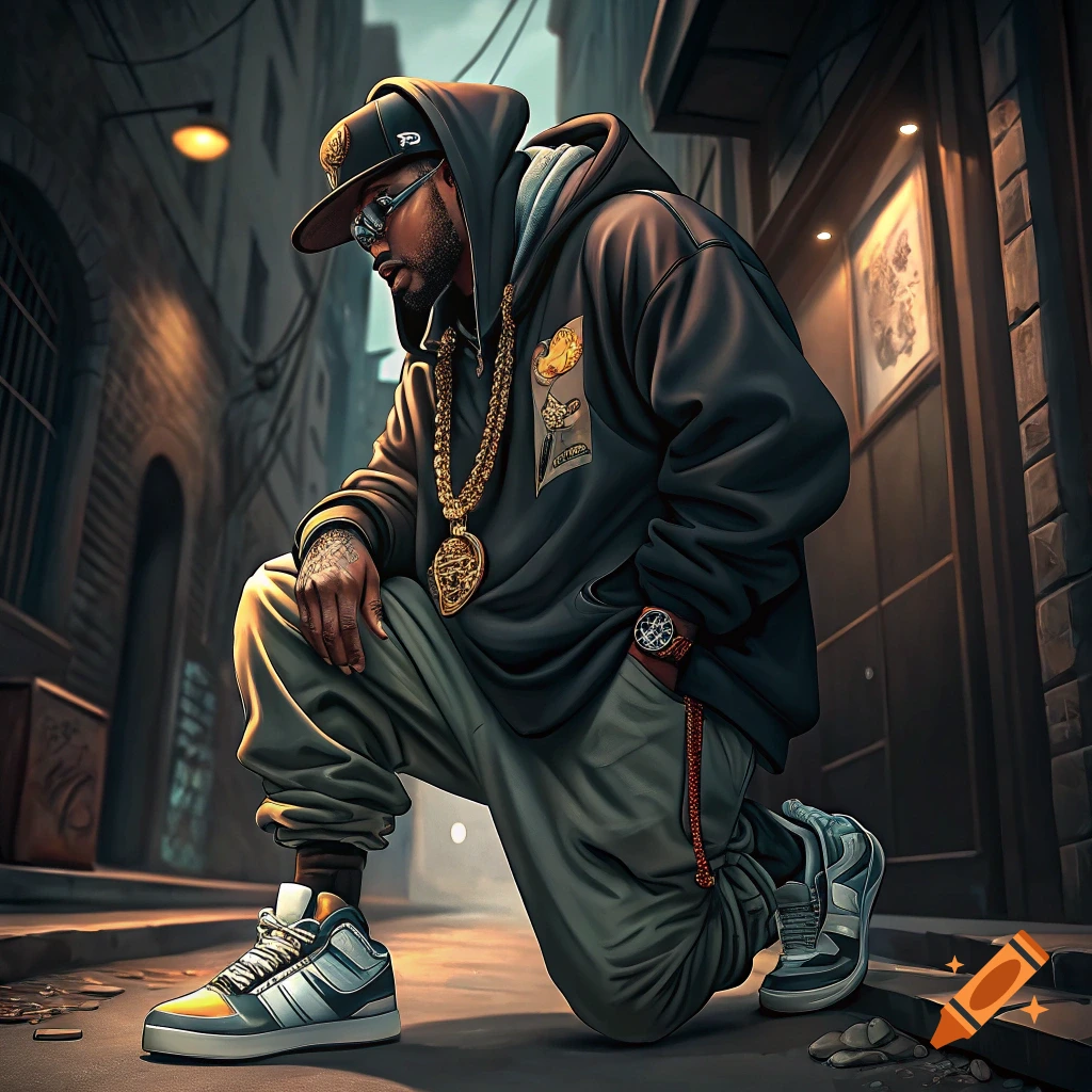 Man in hip hop fashion kneeling in an urban alleyway.