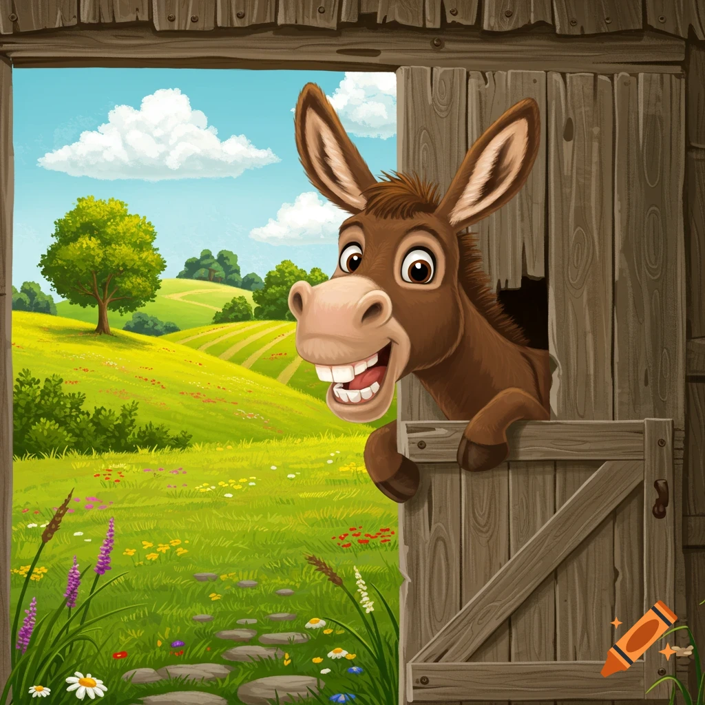 Cartoon donkey grinning and looking out of a barn at a green countryside landscape.