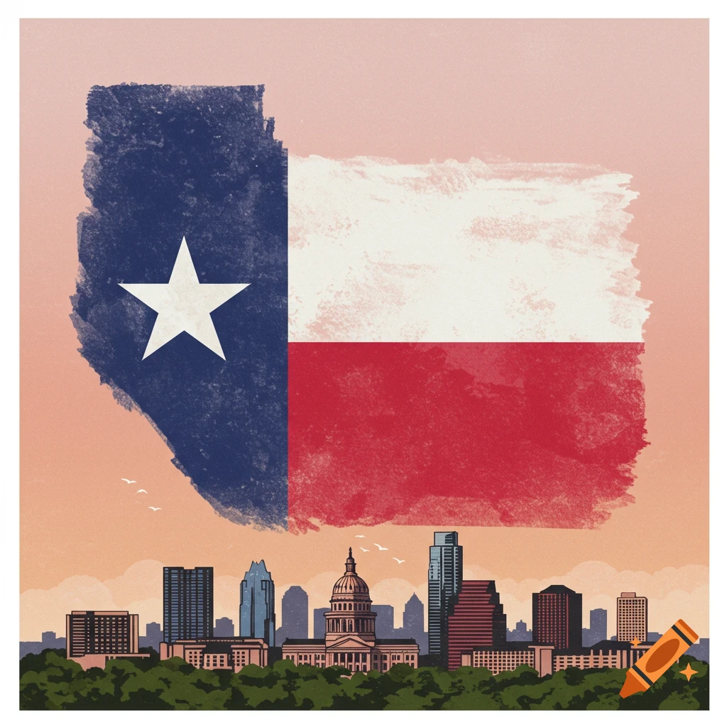 Illustration of the Austin, Texas skyline below a distressed Texas flag.