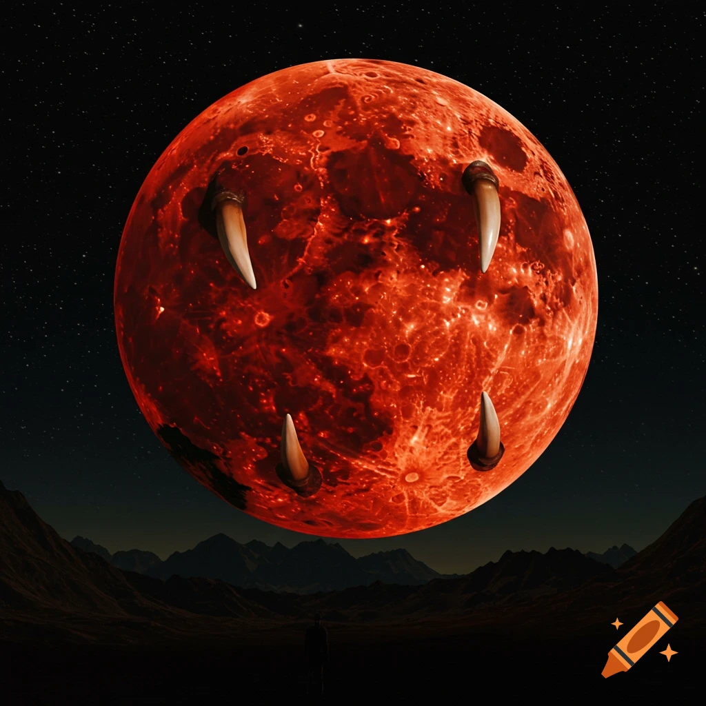 A giant bloodmoon with fangs hangs over a dark, mountainous landscape with stars in the sky.