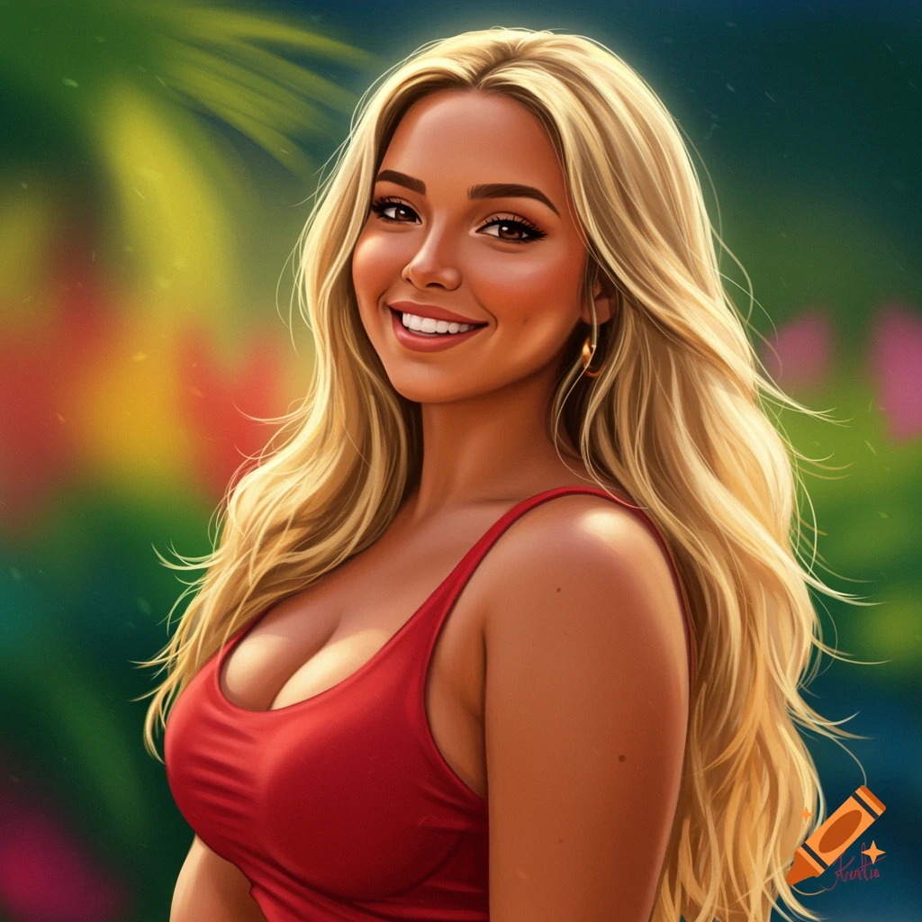 A smiling blonde woman in a red tank top against a tropical background.