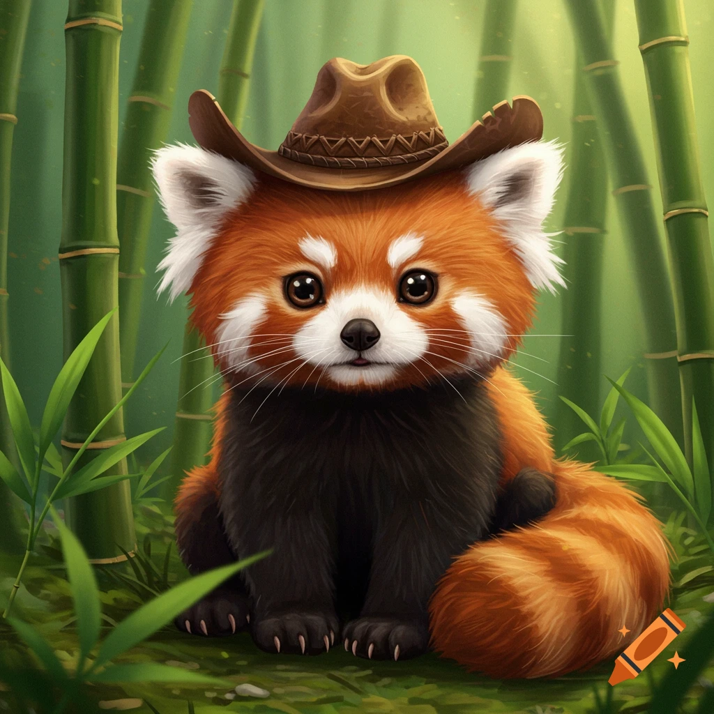 Cute baby red panda wearing a cowboy hat sits in a bamboo forest.