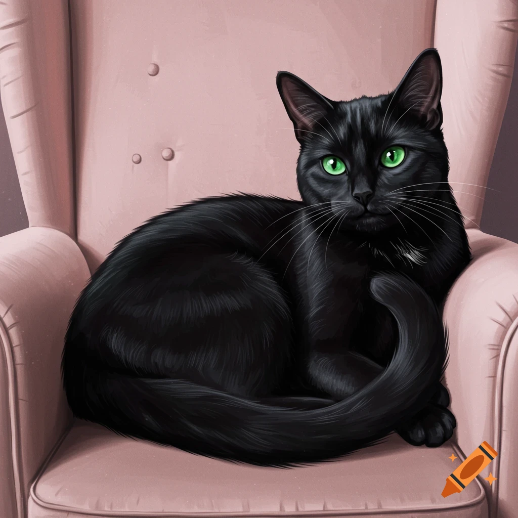 A black cat with bright green eyes sits curled up on a pink armchair.