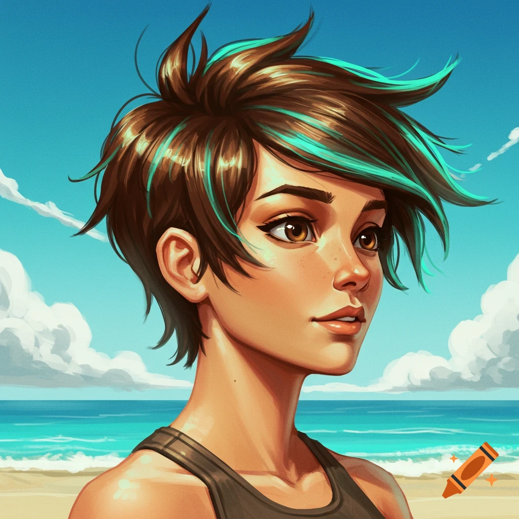 A woman with short brown and turquoise hair is looking to the right, with a beach and ocean in the background.