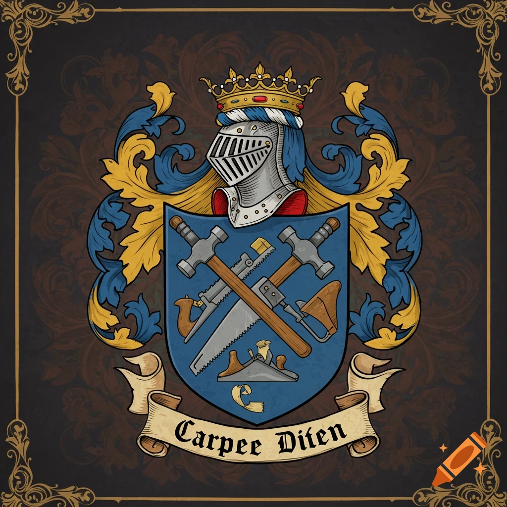 A heraldic coat of arms with carpentry tools on a blue shield, helmet, crown, and banner.