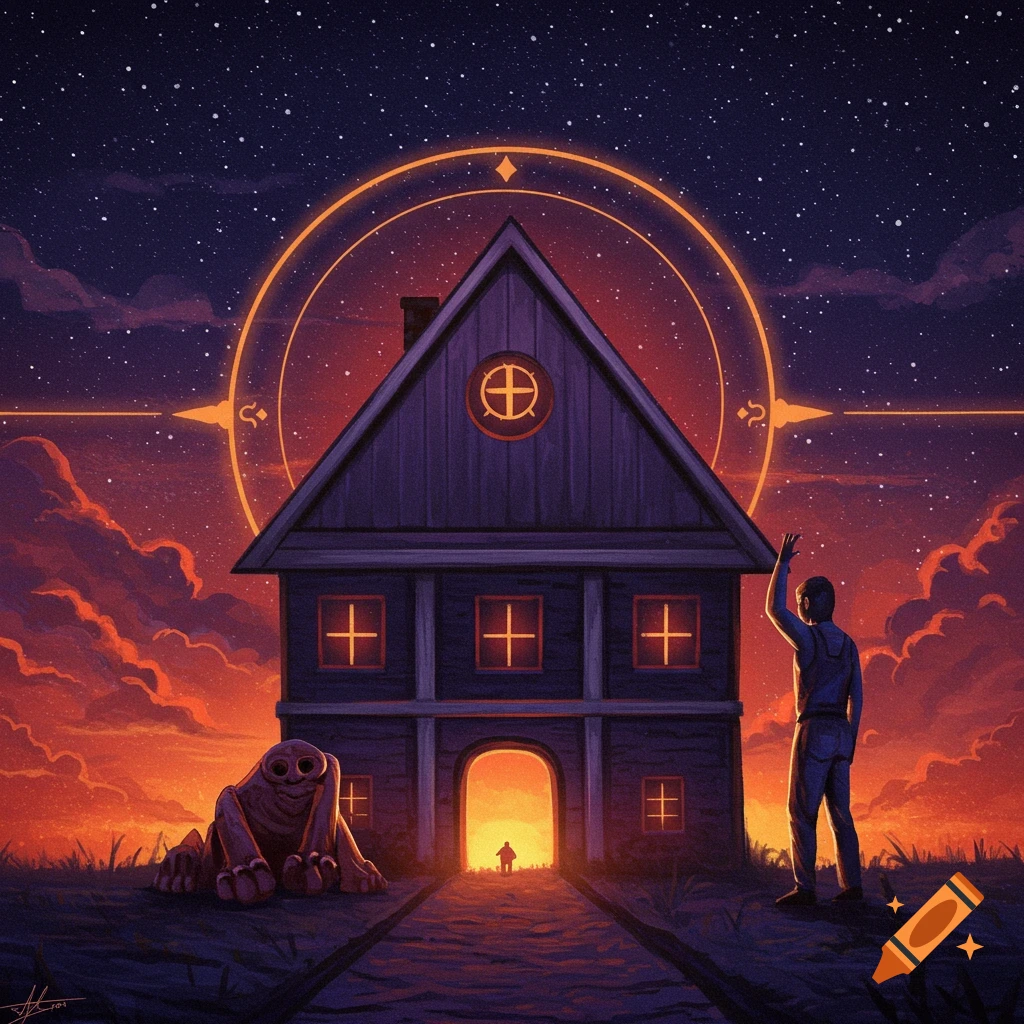 A house sits under a starry sky filled with celestial symbols, a person stands nearby, and a creature is also present.