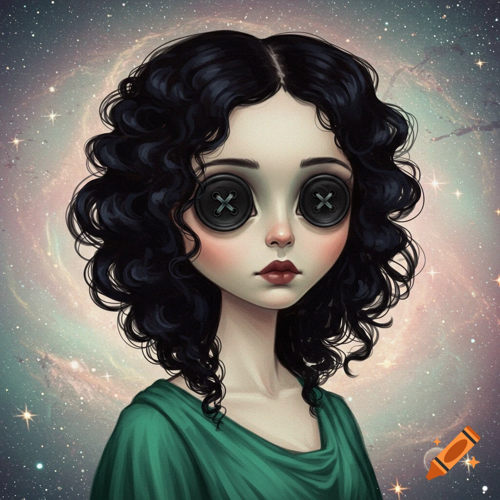 A woman with button eyes against a starry space background.
