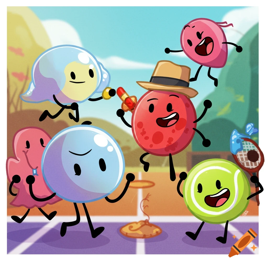 Cartoon object characters playing on a tennis court.
