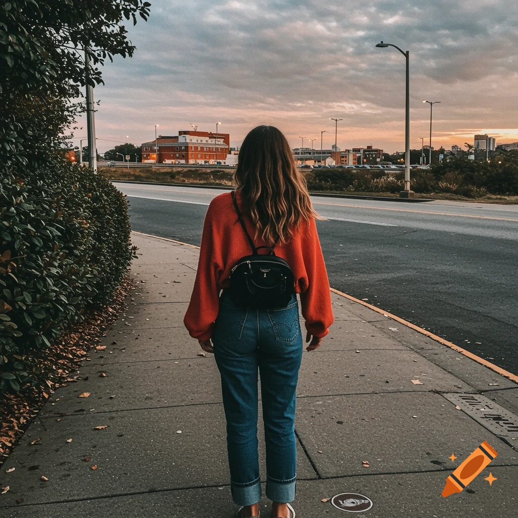 A person walks away from the camera on a sidewalk beside a road at dusk.