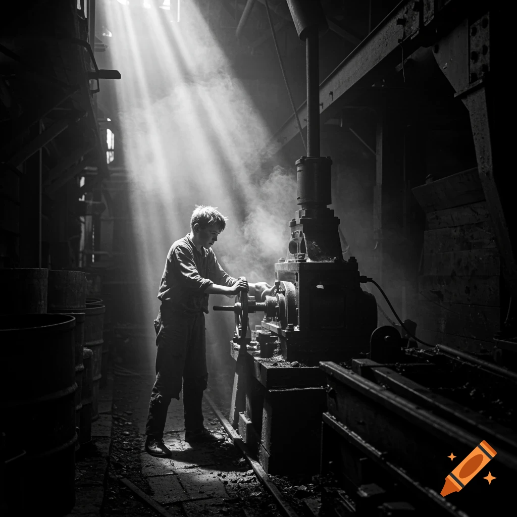 Black and white photo of a young boy working machinery in a dark, dusty factory.