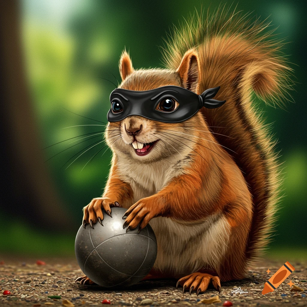 A squirrel wearing a bandit mask and holding a bocce ball.